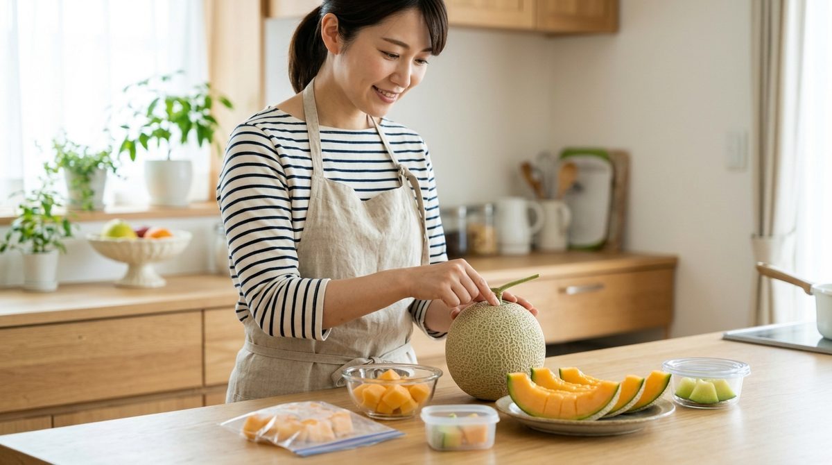 笑顔の女性がキッチンでメロンをカットし容器に詰める