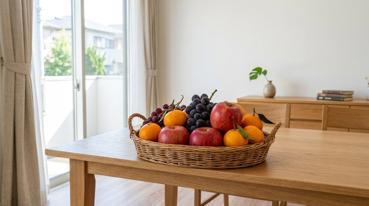 色とりどりの果物が食卓に並んでいる様子で、果物全般の魅力や栄養、食卓の豊かさを表現する。
