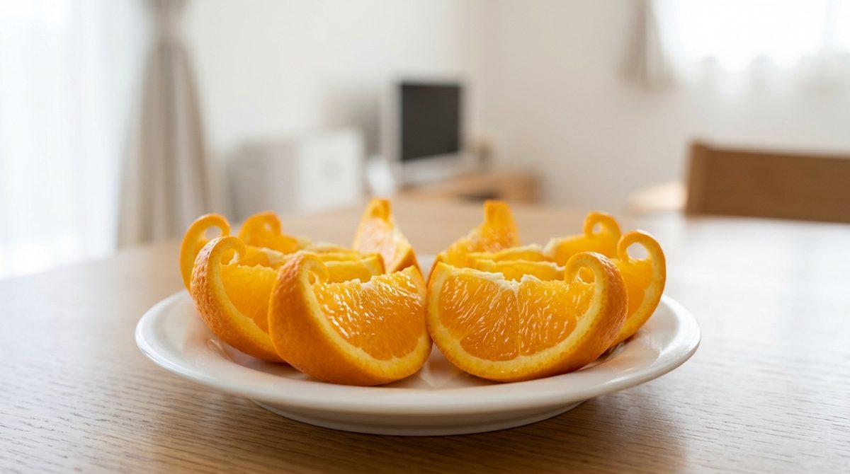 美しくカットされた果物の盛り付け例。すぐ食べられる状態を表現。
